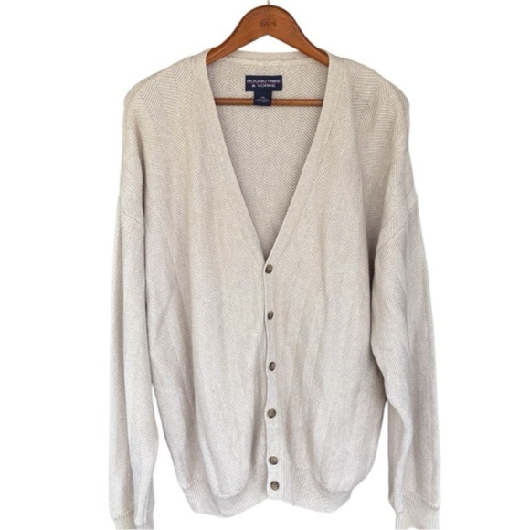 Roundtree & Yorke Cream Cardigan Sweater Size XXL 100% Cotton V Neck Chevron - Picture 1 of 9